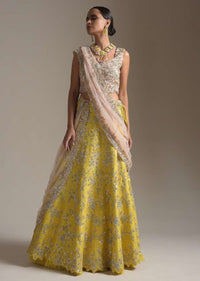 Lime Yellow Lehenga Choli In Raw Silk With Zardosi And Sequins Embroidered Floral Kalis