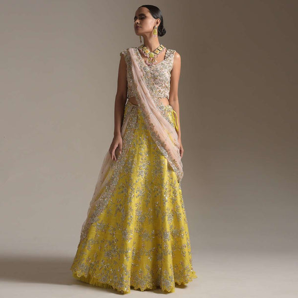 Lime Yellow Lehenga Choli In Raw Silk With Zardosi And Sequins Embroidered Floral Kalis