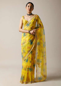 Lime Yellow Saree In Organza With Floral Print And Cut Dana Work Along With Unstitched Blouse