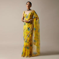 Lime Yellow Saree In Organza With Floral Print And Cut Dana Work Along With Unstitched Blouse