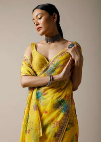 Lime Yellow Saree In Organza With Floral Print And Cut Dana Work Along With Unstitched Blouse