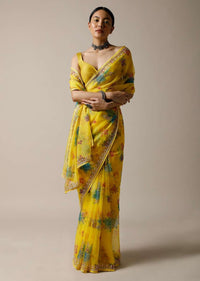 Lime Yellow Saree In Organza With Floral Print And Cut Dana Work Along With Unstitched Blouse