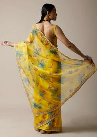 Lime Yellow Saree In Organza With Floral Print And Cut Dana Work Along With Unstitched Blouse