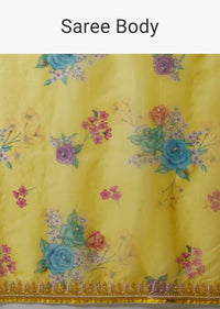 Lime Yellow Saree In Organza With Floral Print And Cut Dana Work Along With Unstitched Blouse