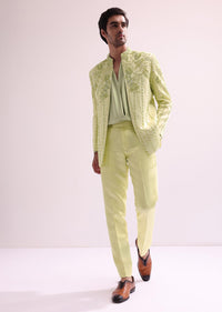 Lime Bandhgala Jacket And Pant Set With Floral Embroidery