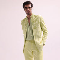 Lime Bandhgala Jacket And Pant Set With Floral Embroidery