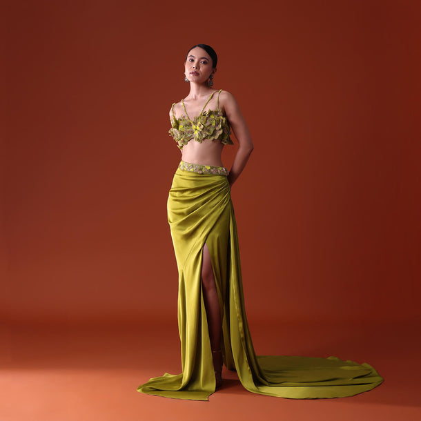 Lime Green Zardosi Draped Slit Skirt With 3D Multi Strap Blouse