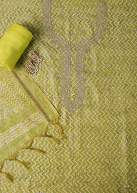 Lime Green Batik Print With Gotta Patti Embroidery Tussar Unstitch Dress Material