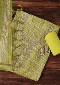 Lime Green Batik Print With Gotta Patti Embroidery Tussar Unstitch Dress Material