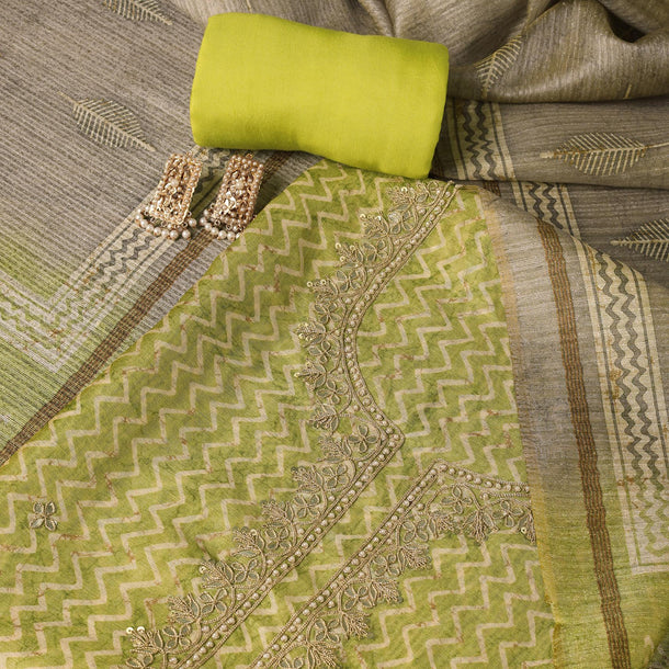 Lime Green Batik Print With Gotta Patti Embroidery Tussar Unstitch Dress Material