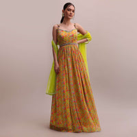Lime Green Chiffon Embroidered Floor Length Anarkali Set With A Net Dupatta
