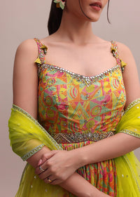 Lime Green Chiffon Embroidered Floor Length Anarkali Set With A Net Dupatta