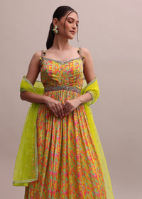 Lime Green Chiffon Embroidered Floor Length Anarkali Set With A Net Dupatta