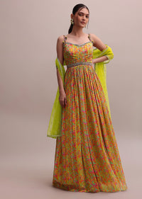 Lime Green Chiffon Embroidered Floor Length Anarkali Set With A Net Dupatta