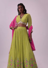 Lime Green Embroidered Lehenga And Blouse
