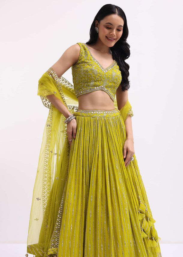 Lime Green Embroidered Georgette Lehenga Choli Set