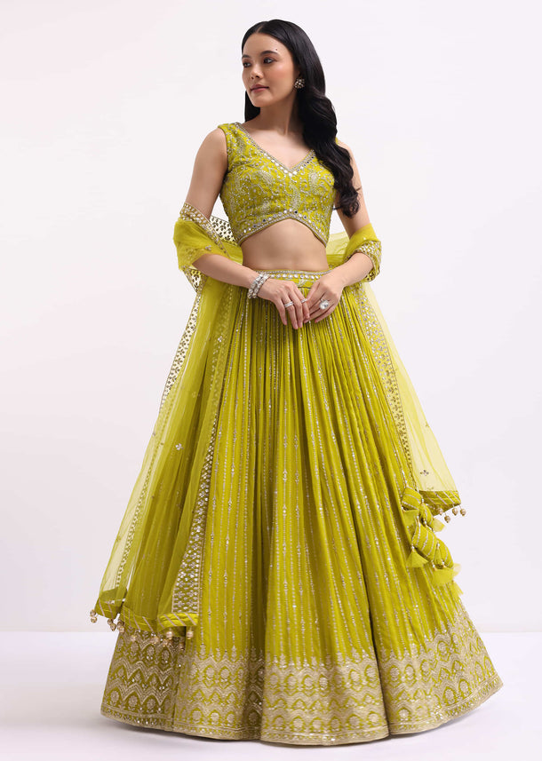 Lime Green Embroidered Georgette Lehenga Choli Set