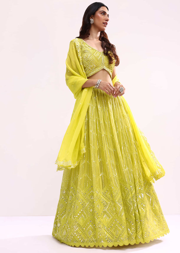 Lime Green Embroidered Net Lehenga Choli Set