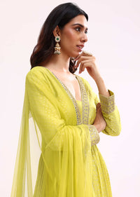 Lime Green Embroidered Tissue Anarkali Set