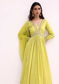 Lime Green Embroidered Tissue Anarkali Set