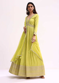 Lime Green Embroidered Tissue Anarkali Set