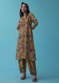 Lime Green Floral Printed Co-ord Palazzo-Kurta Set In Mul Cotton With Sequins Embroidery - RE By Kalki