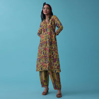 Lime Green Floral Printed Co-ord Palazzo-Kurta Set In Mul Cotton With Sequins Embroidery - RE By Kalki