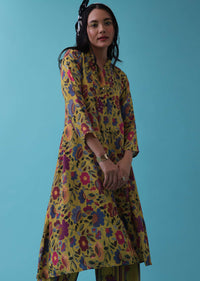 Lime Green Floral Printed Co-ord Palazzo-Kurta Set In Mul Cotton With Sequins Embroidery - RE By Kalki