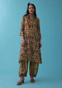 Lime Green Floral Printed Co-ord Palazzo-Kurta Set In Mul Cotton With Sequins Embroidery - RE By Kalki