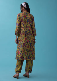 Lime Green Floral Printed Co-ord Palazzo-Kurta Set In Mul Cotton With Sequins Embroidery - RE By Kalki