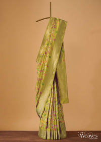 Lime Green Handloom Banarasi Saree In Katan Silk With Meenakari Shikara Jaal Weave And Unstitched Blouse