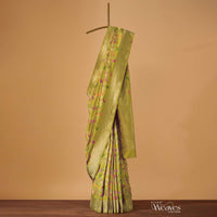 Lime Green Handloom Banarasi Saree In Katan Silk With Meenakari Shikara Jaal Weave And Unstitched Blouse