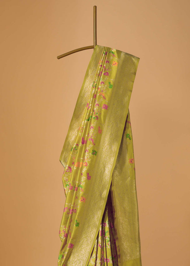 Lime Green Handloom Banarasi Saree In Katan Silk With Meenakari Shikara Jaal Weave And Unstitched Blouse