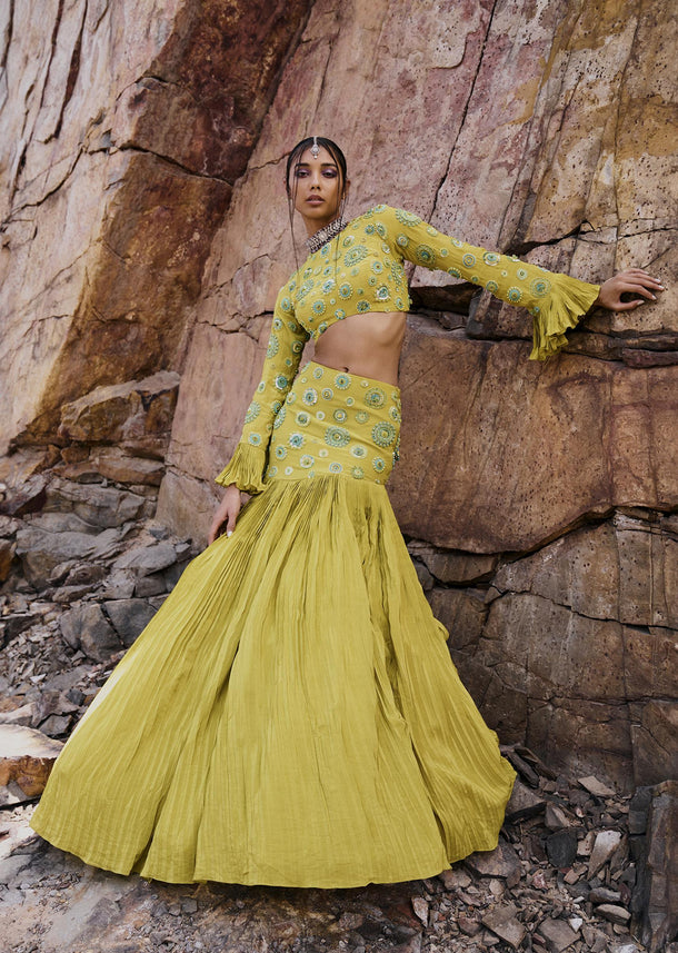 Lime Green High Neck Blouse With Pleated Skirt