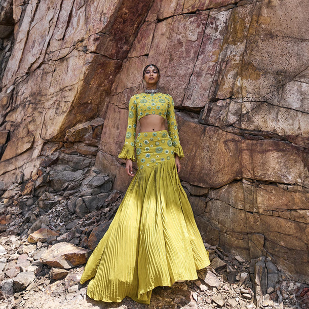 Lime Green High Neck Blouse With Pleated Skirt