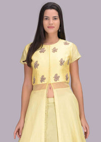 Lime Green Lehenga And Lemon Yellow Front Slit Top Set In Cotton Fabric Online - Kalki Fashion