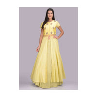 Lime Green Lehenga And Lemon Yellow Front Slit Top Set In Cotton Fabric Online - Kalki Fashion