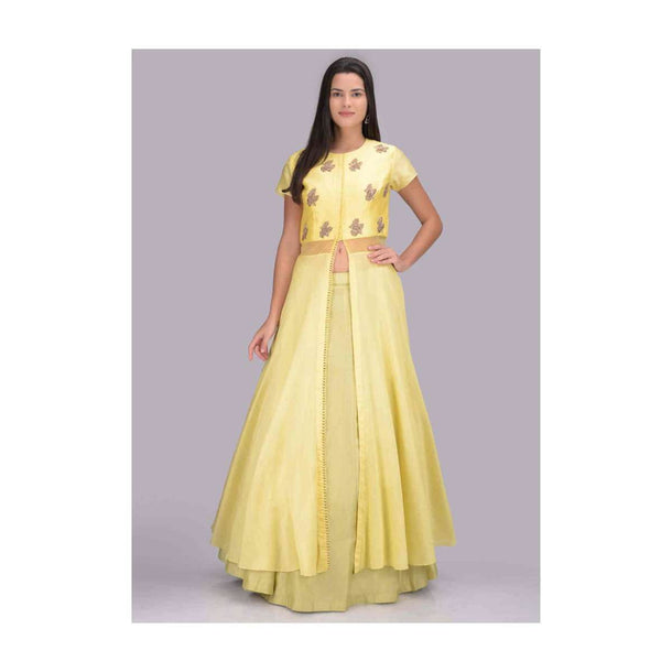 Lime Green Lehenga And Lemon Yellow Front Slit Top Set In Cotton Fabric Online - Kalki Fashion