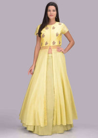 Lime Green Lehenga And Lemon Yellow Front Slit Top Set In Cotton Fabric Online - Kalki Fashion