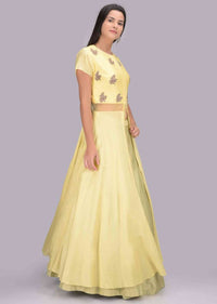 Lime Green Lehenga And Lemon Yellow Front Slit Top Set In Cotton Fabric Online - Kalki Fashion