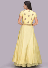 Lime Green Lehenga And Lemon Yellow Front Slit Top Set In Cotton Fabric Online - Kalki Fashion