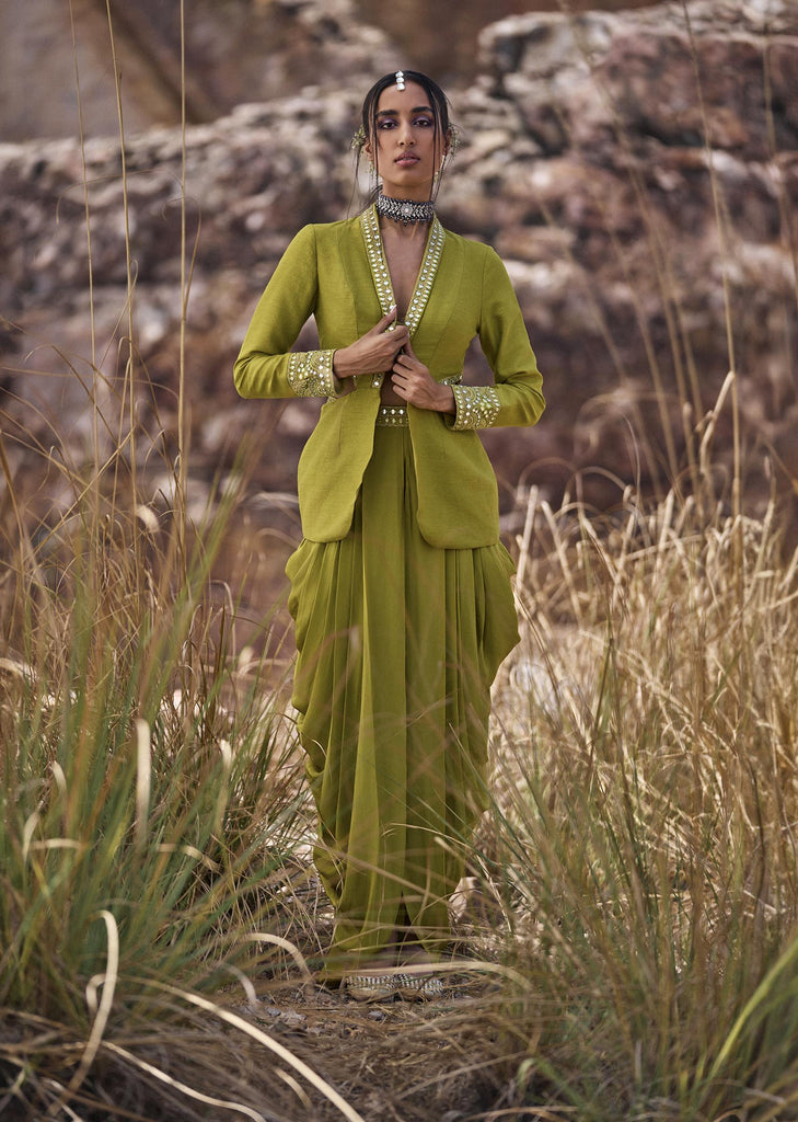 Lime Green Mirror Bustier With Jacket And Draped Skirt