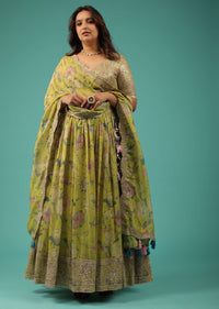 Lime Green Organza Lehenga Choli Set With Print And Embroidery