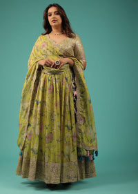 Lime Green Lehenga Choli Set In Organza With Print & Embroidery