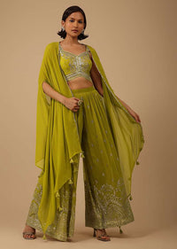 Lime Green Palazzo Suit In Georgette Adorned With Mirror And Sequins Embroidery