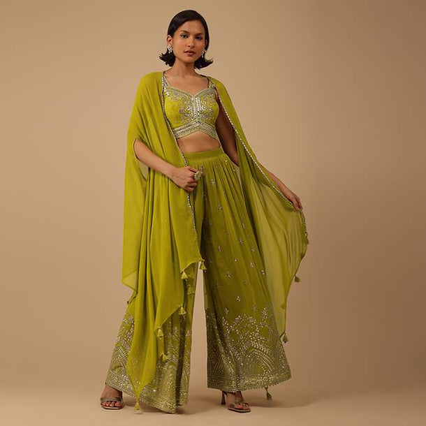 Lime Green Palazzo Suit In Georgette Adorned With Mirror And Sequins Embroidery