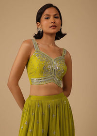 Lime Green Palazzo Suit In Georgette Adorned With Mirror And Sequins Embroidery