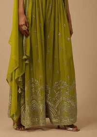 Lime Green Palazzo Suit In Georgette Adorned With Mirror And Sequins Embroidery