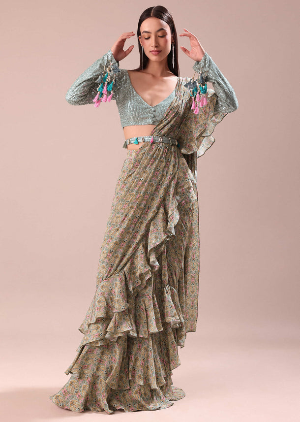 Lime Green Printed Frill Saree With Embroidered Blouse