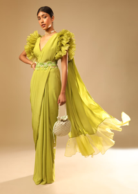 Lime Green Saree In Crepe With Elaborate Ruffle Sleeved Crop Top And Heavy Stone Embroidered Belt